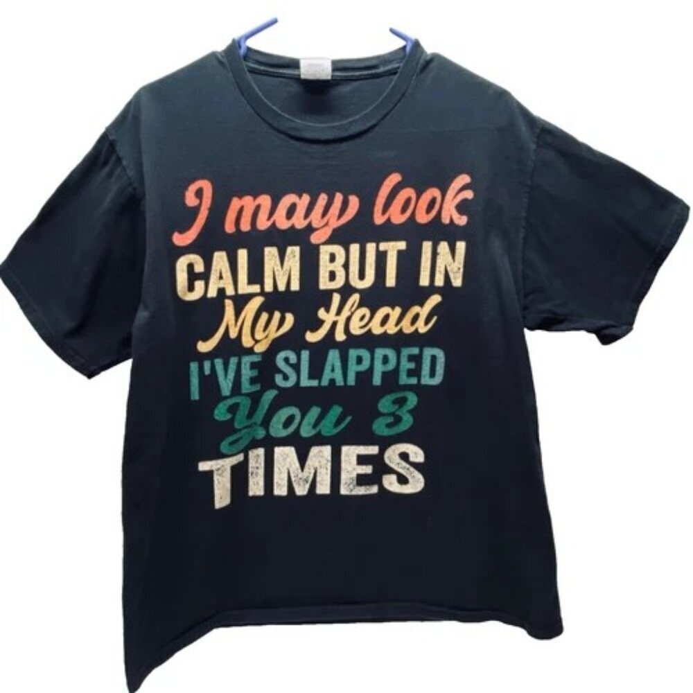 Port & Company Adult Large T-Shirt Black Graphic "Slapped You" Humor Logo Tee